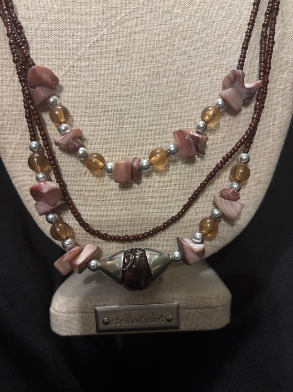 Brown, Pink and Amber Multi-Strand Bead Necklace